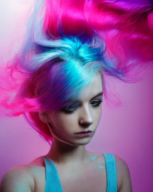 Image similar to a dramatic lighting photo of a beautiful young woman with cotton candy hair. with a little bit of cyan and pink