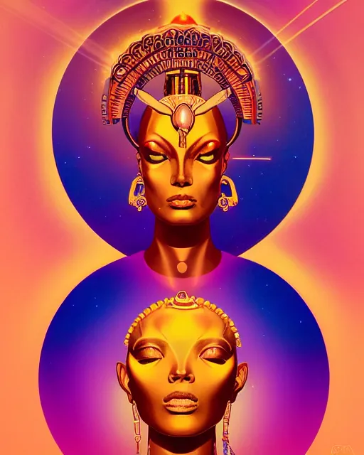 Prompt: a portrait of a golden skinned goddess with a lazer shining into the top of her head charkra, pieces expanding from impact gold and blue by moebius +james jean + peter mohrbacher + syd mead + illustrative + visionary art + low angle + oil painting + 3/4 portrait + asymmetry