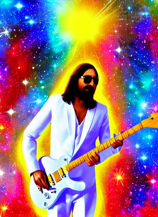 Image similar to Jesus playing guitar wearing shades & white suit, melting colors, nebula, cosmos, space, 4x upscaled, psychedelic, spiritual art, light language coming from the guitar