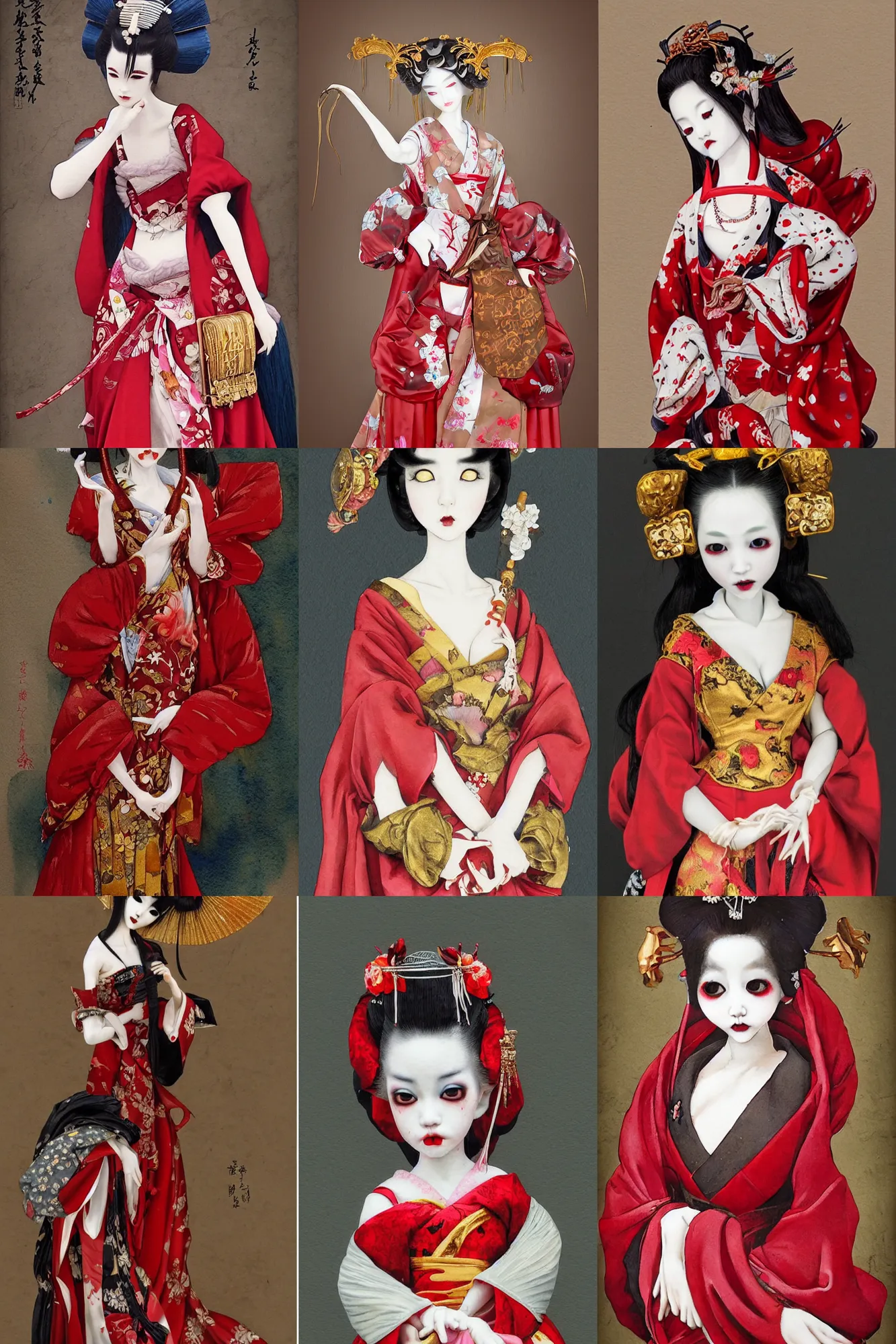 Prompt: watercolor painting of an avant - garde japanese bjd geisha vampire queen with a long neck in a lolitafashion red dress, painted by raffaelle monti, gian lorenzo bernini, intricate detail, artstation, artgerm, in the style of dark - fantasy, rococo, gold leaf art