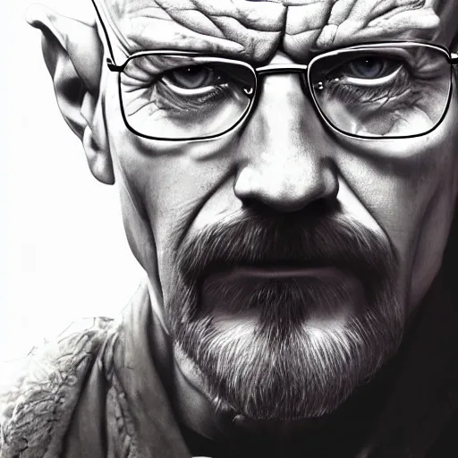 Image similar to Walter white as an Old man, blue eyes, bushy white beard, digital painting, lots of details, extremely detailed, 4k, intricate, brush strokes, Mark Arian, Artgerm, Bastien Lecouffe-Deharme