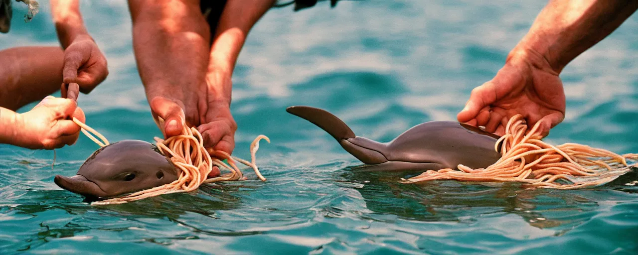 Image similar to dolphins receiving spaghetti from humans from a boat, ocean,, small details, intricate, sharply focused, canon 5 0 mm, wes anderson film, kodachrome