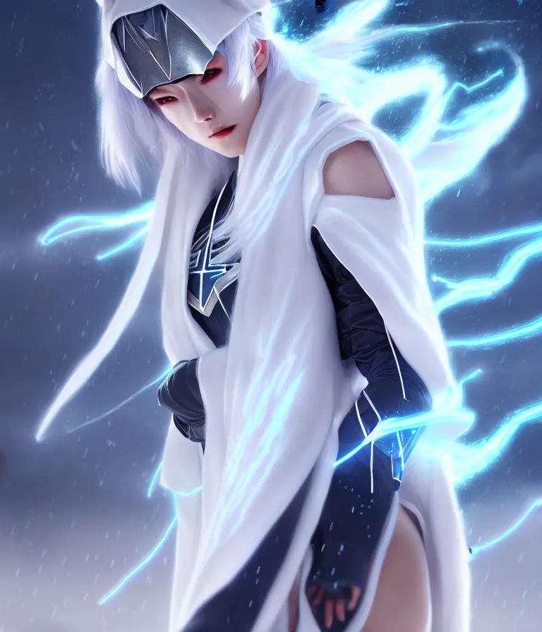 Image similar to female superhero of the rainstorms with shimmering white uniform, cloak and robes and silver hair, lightning and thunderclouds all around, fantasy character concept art in japanese anime style with photorealistic rendering digital painting of the century award octane render artstation hypervivid detailed