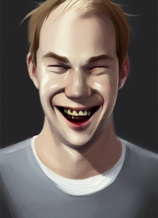 Image similar to portrait of a finnish young man with a spoon on top of his nose, big grin mouth barely closed, wrinkled eyes, wise forehead, big lips, sharp portruding chin, short youthful hair, white background with notes, youthful colours, thin sharp lines, digital painting, artstation, matte, sharp focus, illustration, realistic anime artstyle