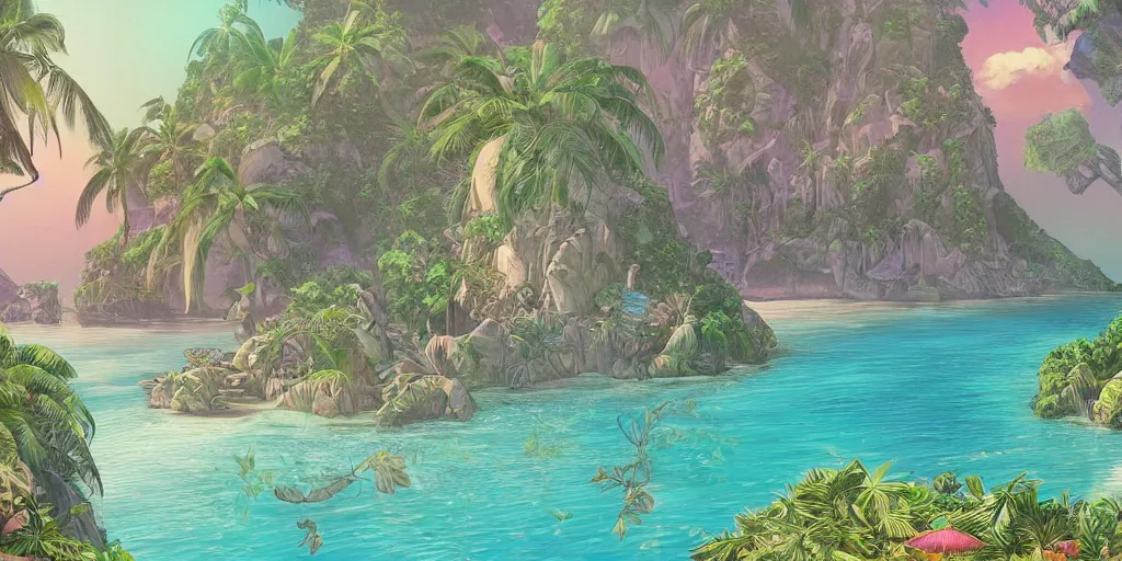 Prompt: tropical island, 8 k, high resolution, detailed drawing, beautiful hd, art nouveau, concept art, pastel soft colors, in the style of danny mcbride, knyazev konstantin