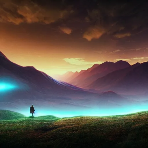 Prompt: huge valley, extreme drama, distant glow, hdr, movie still, fully photorealistic, artstation, beautiful concept art, sharp luminescent focus, nd 6, sony fx 6, glowing luminescent invocations