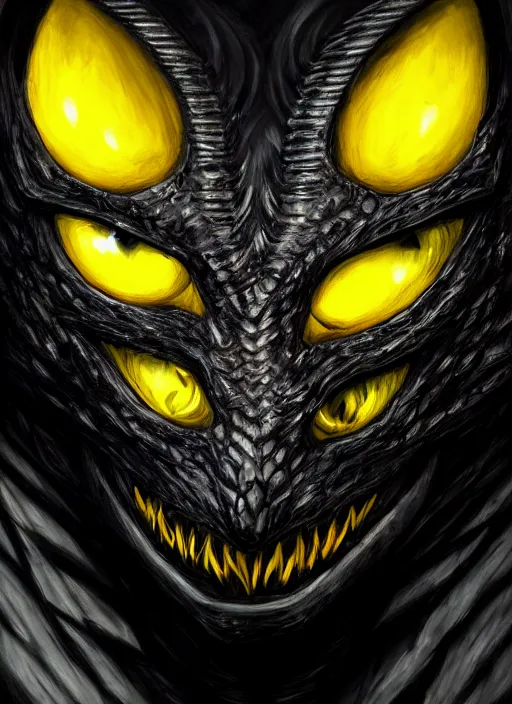 Image similar to closeup portrait of black dragon head with yellow eyes, ultra realistic, fantasy, magic, dnd,