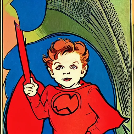 Prompt: a cute little boy with a mischievous face and ginger hair. he is dressed as a superhero. well composed, clean elegant painting, beautiful detailed face. comic book art by steve ditko and jack kirby and ( alphonse mucha )