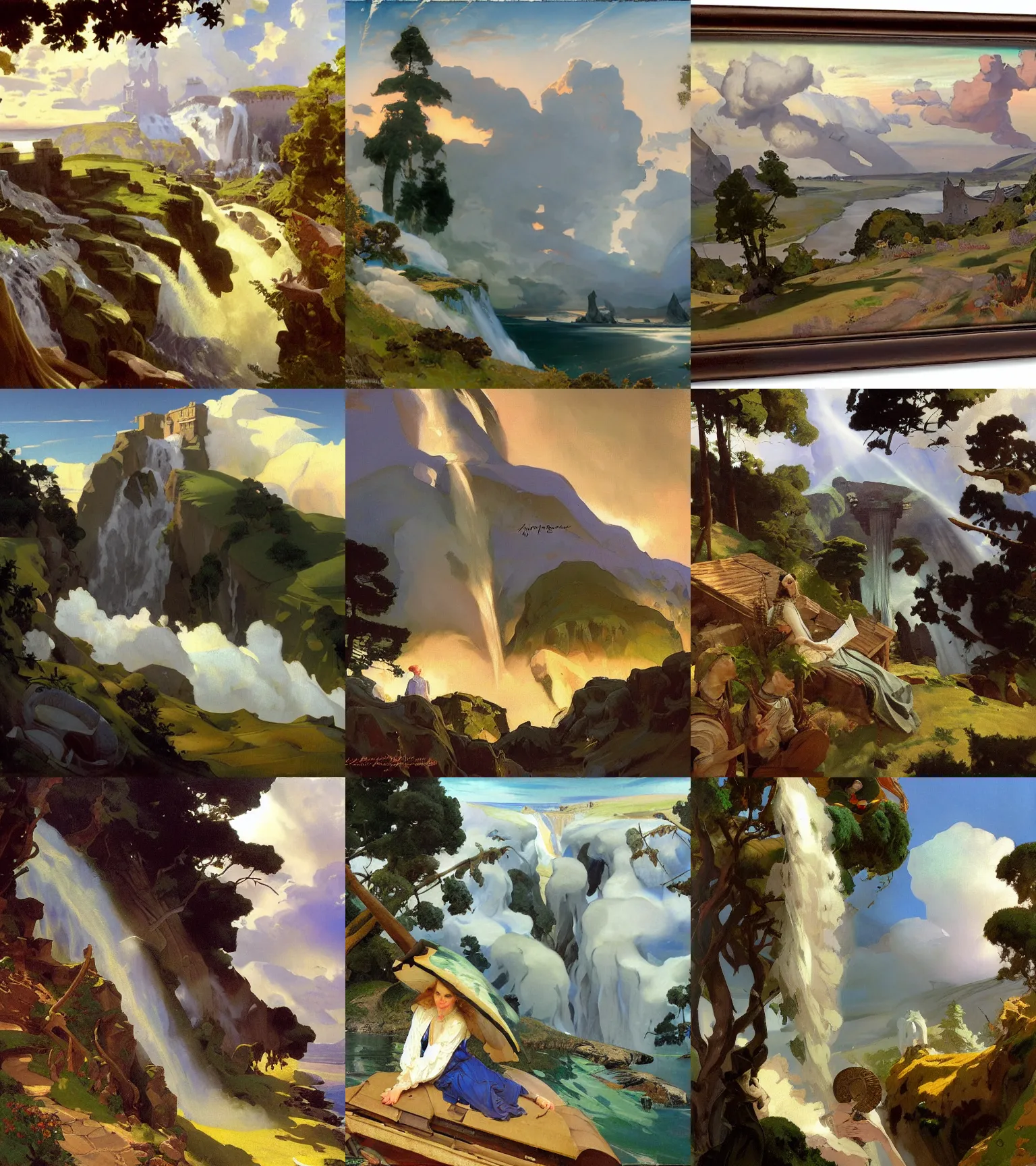 Prompt: painting by sargent and leyendecker and greg hildebrandt, apollinaris vasnetsov, savrasov levitan polenov, studio ghibly style mononoke, huge old ruins giovanni paolo panini, middle earth above the layered low clouds waterfall road between forests big lake wide river trees sunrise sea bay view faroe azores overcast storm masterpiece