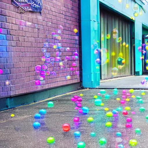 Image similar to a sidewalk covered in soap in front of a soap factory with a lit neon sign saying'soap factory ', bubbles float through the air