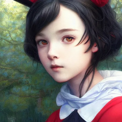 Image similar to Masterpiece portrait of a very young Kiki from Kiki's delivery service drawn by Donato Giancola and Tom Bagshaw face by Artgerm and Edmund Leighton