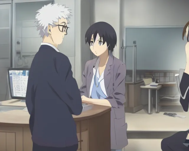 Prompt: a cute young female doctor wearing white coat are talking with an old surgeon in a clinic, slice of life anime, lighting, anime scenery by Makoto shinkai