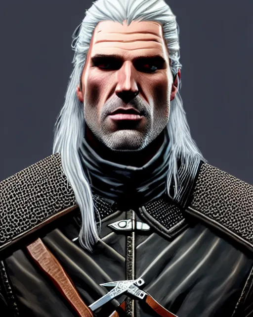 Image similar to portrait of geralt of rivia inspired by gta concept art, highly detailed, artstation, trending, concept art, by stephen bliss, anthony mcbain, roxie vizcarra