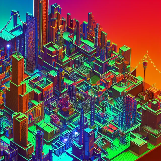 Image similar to voxel art of a cyberpunk blockchain city, chains connecting blocks, blockchain, symmetry, intricate, volumetric lighting, beautiful, rich deep colors masterpiece, sharp focus, ultra detailed, in the style of dan mumford and marc simonetti