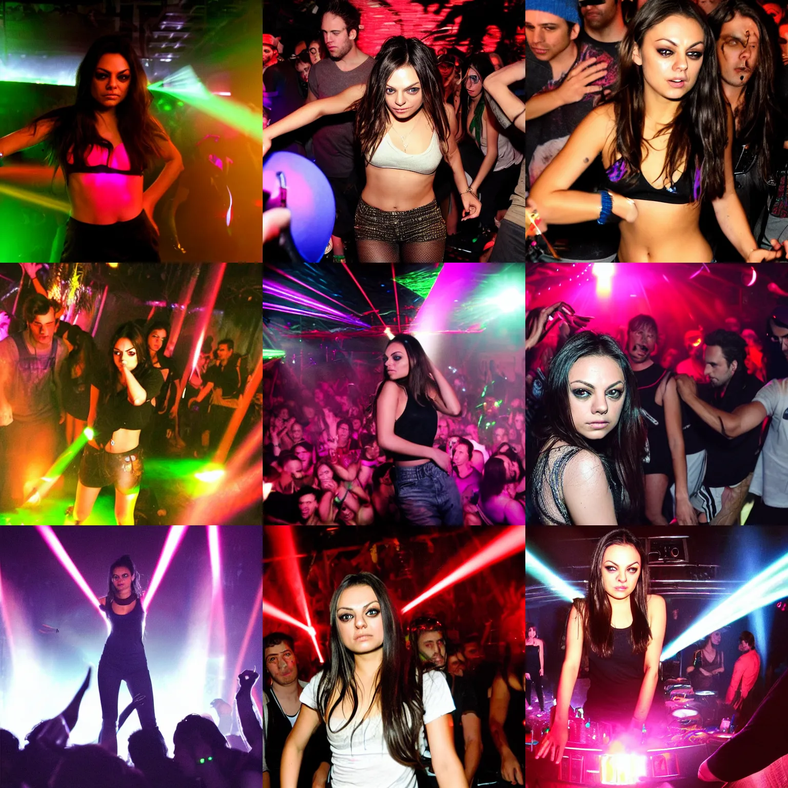 Prompt: mila kunis at a drum and bass jungle party dancing, dark, party people in background, lasers, extacy