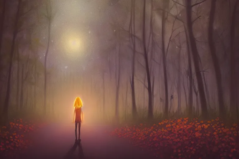 Image similar to giant sunflower head, girl walking in a moonlit forest, hills, surreal photography, dark night, star trails, dramatic light, impressionist painting, clouds, digital painting, artstation, simon stalenhag