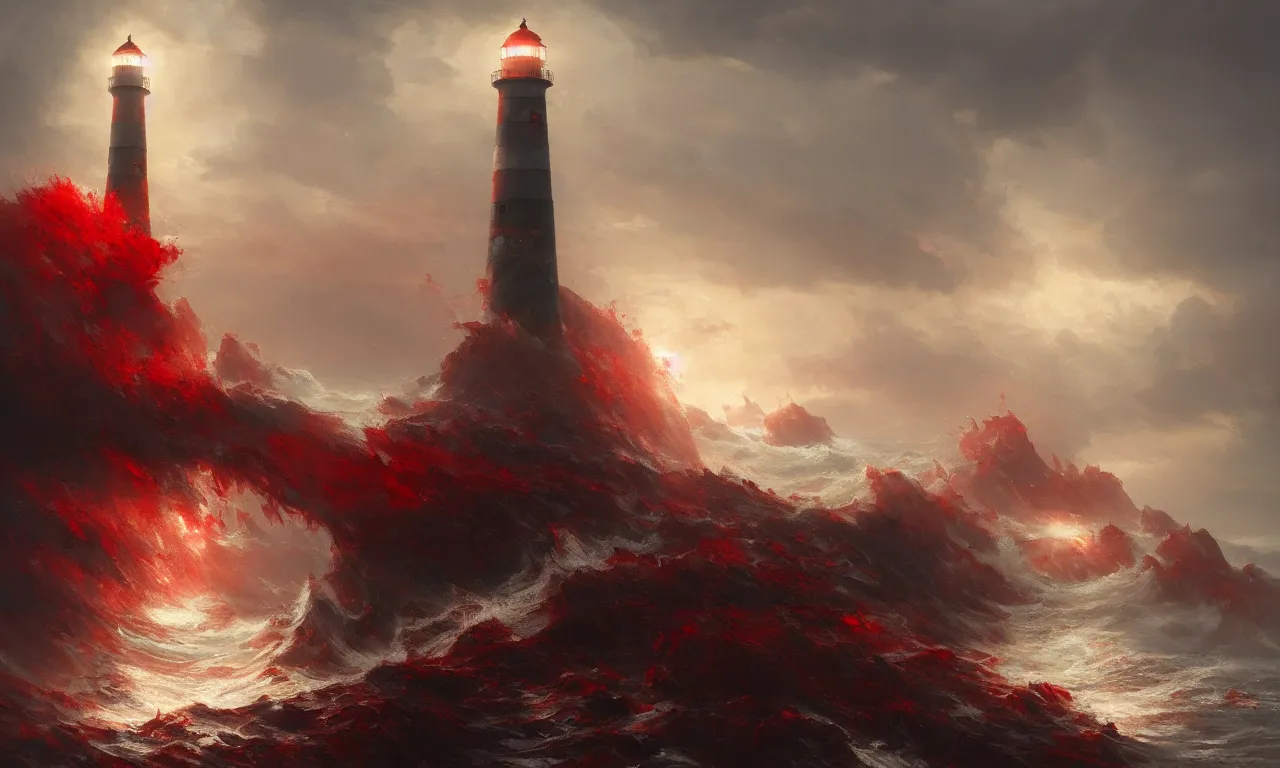 Image similar to a beautiful painting of a lighthouse shining it's light across a violent tumultuous sea of red blood by John Blanche and Greg Rutkowski, trending on Artstation, midjourney