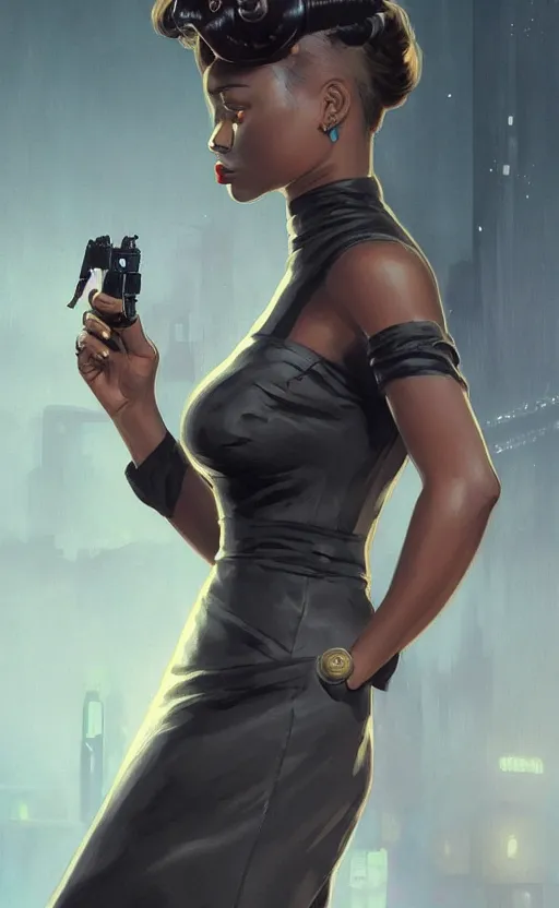 Image similar to an attractive young Black female, clothed like a 1940s femme fatale, holding a sci-fi pistol, intricate, elegant, highly detailed, digital painting, film noir lighting, Blade Runner city background, trending on artstation, concept art, smooth, sharp focus, illustration, art by artgerm and greg rutkowski and alphonse mucha