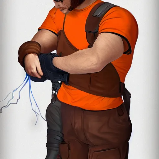 Image similar to goose being zipped - up by man in orange shirt, artstation