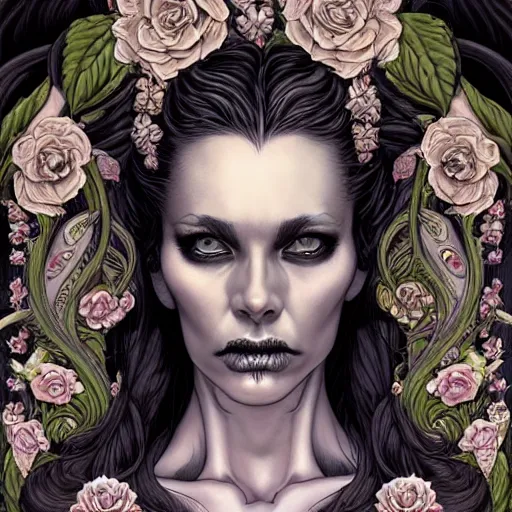 Prompt: a beautiful detailed front view portrait of a corpse woman with ornate growing around morphing, ornamentation, flowers, elegant, beautifully lit, skull, artgerm, joshua middleton comic cover art,