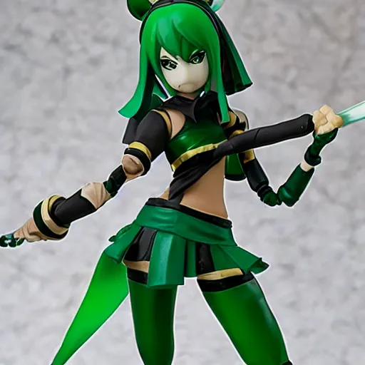 Image similar to league of legends akali as a Figma doll. Posable anime figurine. Kunai, Kama-wielding, green facemask, green outfit. PVC figure 12in.