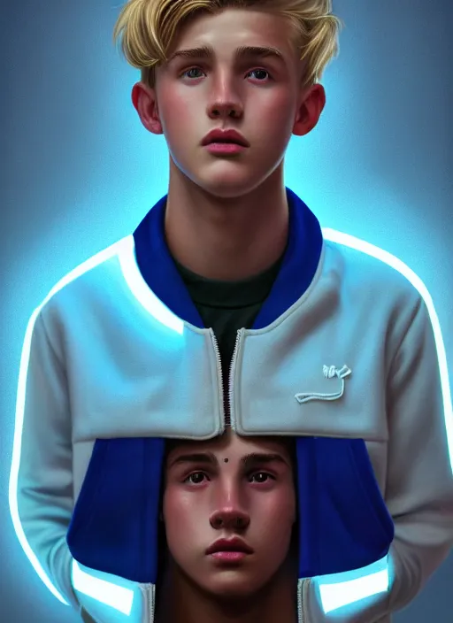 Prompt: portrait of a teenage boy named moose mason, blonde short hair, jock, beefy, square jaw, square facial structure, 1 9 5 0 s, blue varsity jacket, intricate, elegant, glowing lights, highly detailed, digital painting, artstation, concept art, smooth, sharp focus, illustration, art by wlop, mars ravelo and greg rutkowski