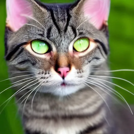 Image similar to cute greyish brown tabby cat mix with (((light green eyes))), white nose bridge, (((pink nose))), slightly weird, mixed with a margay