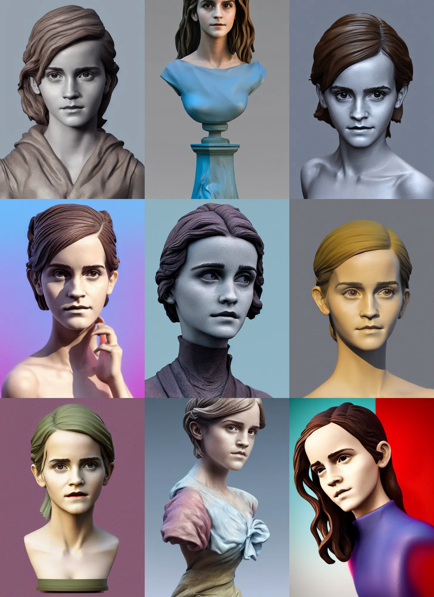Prompt: 3D resin miniature sculpture of Emma Watson by Jean-Baptiste Carpeaux and Luo Li Rong, prefect symmetrical face, summertime, colorful, fresh colors, full body shot, elegant, academic art, realistic, 8K, Product Introduction Photo, Hyperrealism. Subsurface scattering, raytracing, Octane Render, Zbrush, simple background