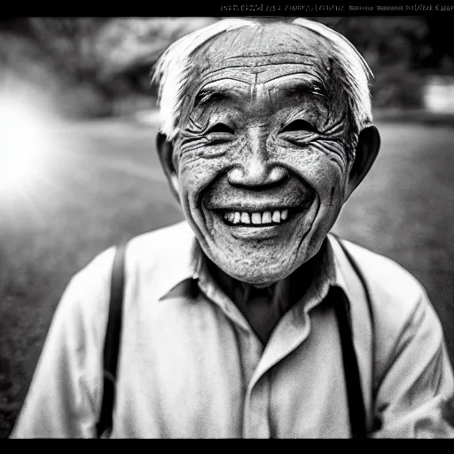 Image similar to a character portrait photo of a smiling old japanese man, hopeful, photojournalism, war photography, adobe, canon, nikon, flickr contest winner, neo-expressionism, art photography, busy background, hyperrealism, chiaroscuro, anamorphic lens flare, elegant, shallow depth of field, haze, volumetric lighting, photo taken with provia, 24mm, f1.8, by Filip Hodas, by Andrew Domachowski