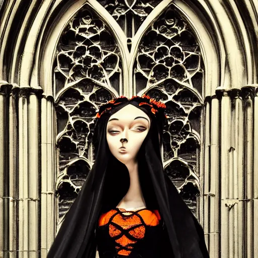 Image similar to a gothic cathedral with orange flames reflected into its windows, a gothic girl dressed in black, macro head, perfect face, detailed intricate arabesque dress