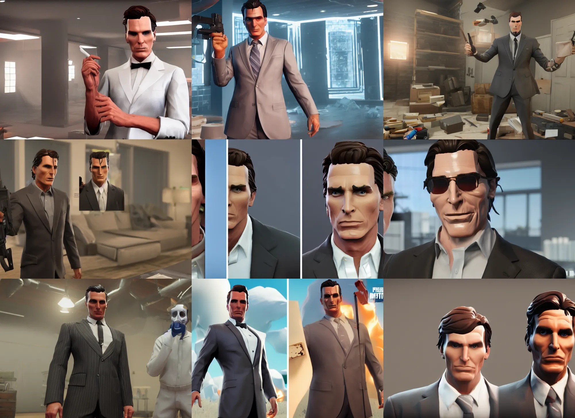 Prompt: christian bale, patrick bateman as a fortnite character, in game screenshot, 4 k, unreal engine, 3 d render, gameplay video