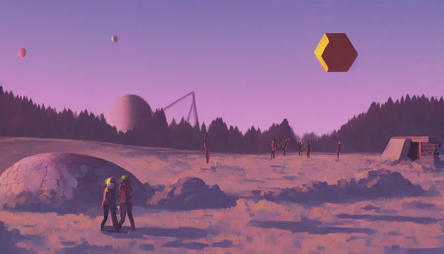 Image similar to hexagon blocking the sun, earth in foreground, simon stalenhag