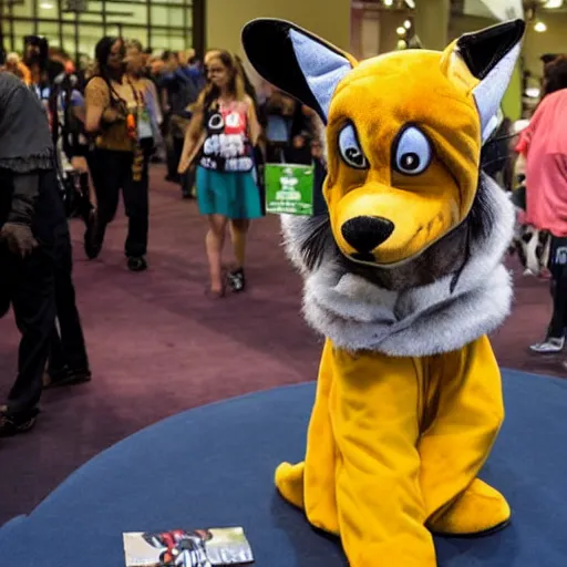 Image similar to snoop dog wearing a fox fursuit without the mask at a furry convention, indoor convention vendors