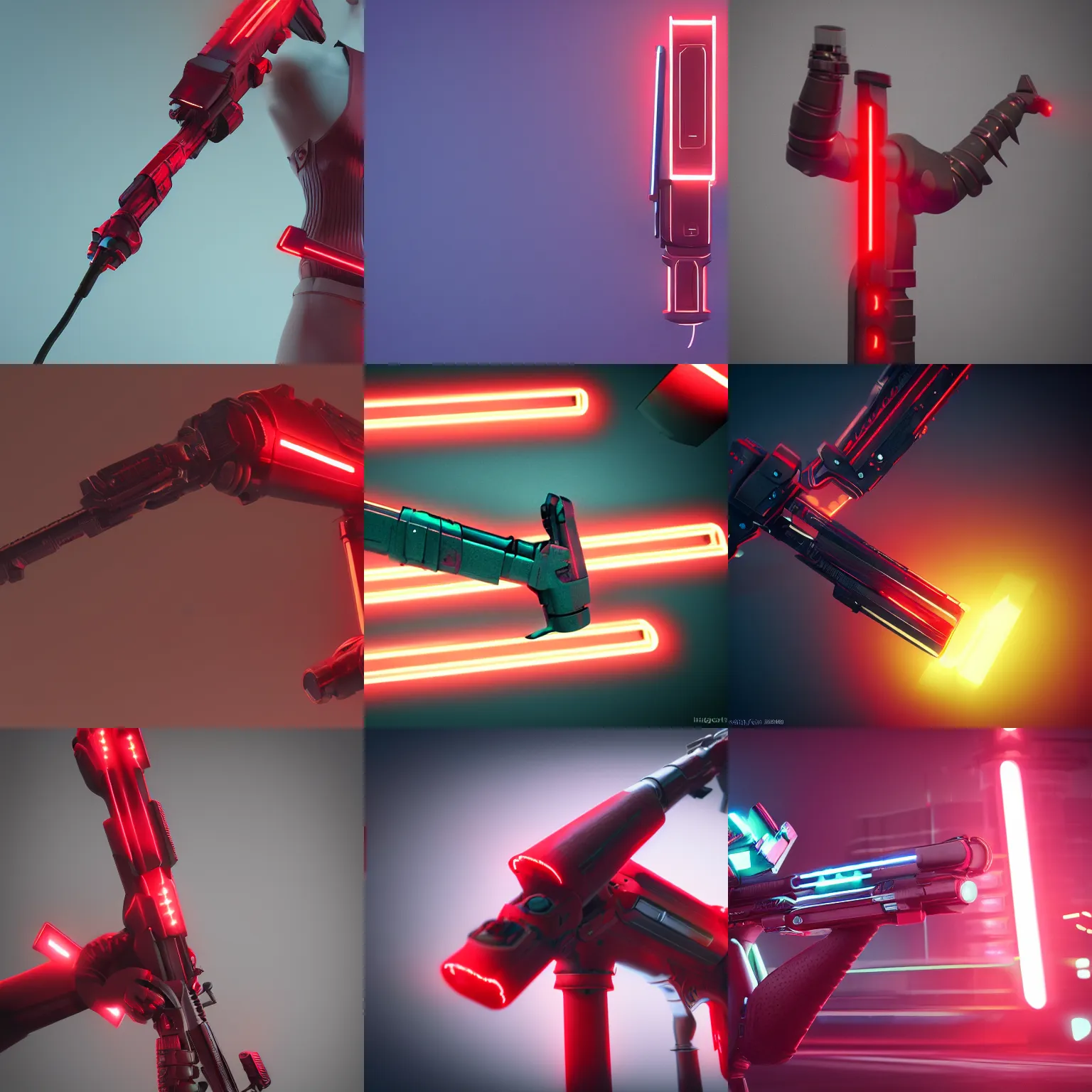 Prompt: a futuristic red neon prostetic arm with loaded weapons, photorealistic, octane render