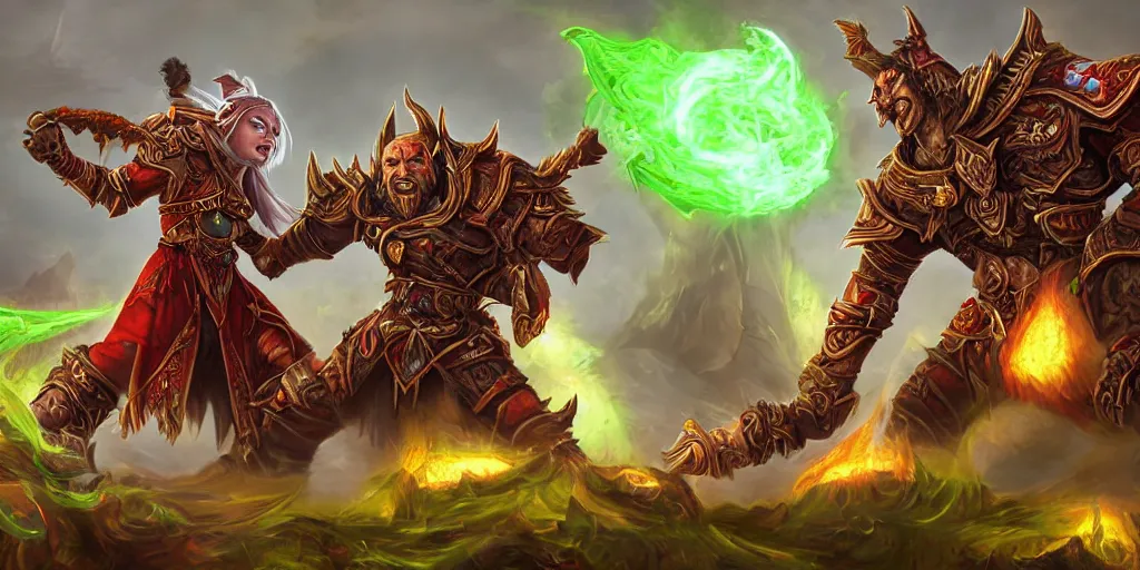 Image similar to a highly detailed digital painting of a blood elf battling an orc warlock, epic composition, world of warcraft