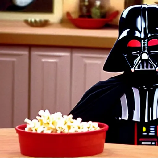 Prompt: darth vader eating popcorn while watching friends
