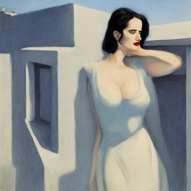 Image similar to portrait of Eva Green on a roof, fog, early morning, , painted by Edward Hopper, painted by Wayne Barlow, airbrush