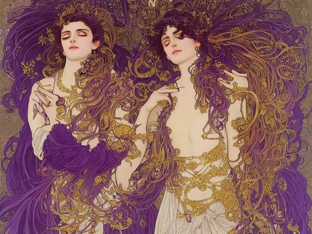 Image similar to thanatos, god of peaceful death, closed eyes, long hair, wearing ornate silk and lace clothes, gold jewelry, moon, purple feathers, by Alphonse Mucha, by artgerm, rule of thirds, super detailed, 8k