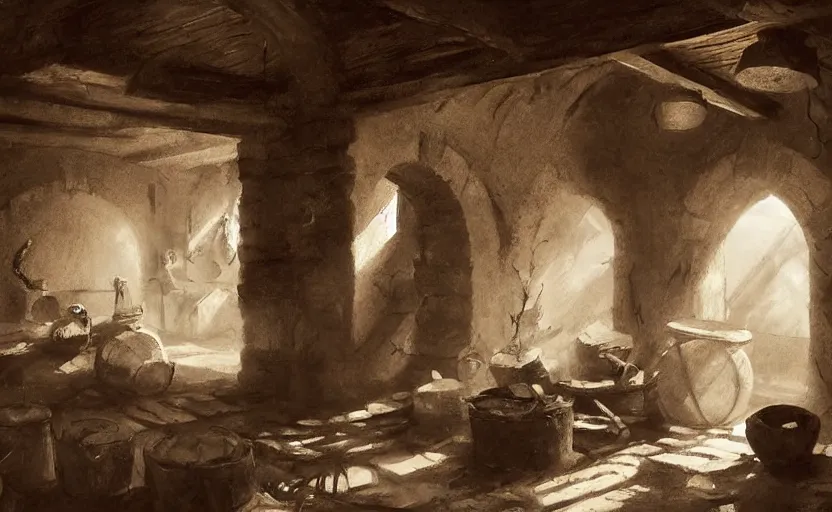 Prompt: pencil drawing of rustic ruin cellar, wooden crates, barrels, stone walls, lantern, very beautiful ambient lighting, sun rays, dust, art by john singer sargent, by anders zorn, wonderful masterpiece by greg rutkowski, cinematic light, american romanticism by greg manchess, creation by tyler edlin