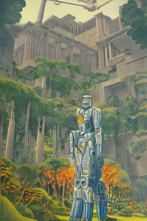 Prompt: mecha robot, hanging gardens of babylon, temple of artemis at ephesus, waterfalls, blooming hills with spring flowers and pillars by helen lundeberg