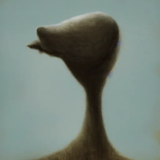 Image similar to A beautiful digital art of of a giant head. The head is bald and has a big nose. The eyes are wide open and have a crazy look. The mouth is open and has sharp teeth. The neck is long and thin. by Catherine Hyde melancholic