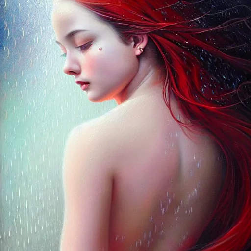 Image similar to highly detailed painting of a beautiful young woman, dancing in the rain, intricate, high quality oil painting artstyle, in the style of anna dittmann, deviantart, figurative art, deviantart, ilya kuvshinov, lovecraftian, very detailed face, portrait