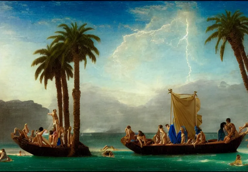 Prompt: Palace floating in the sky, caravels, thunderstorm, greek pool, beach and palm trees on the background major arcana sky, by paul delaroche, hyperrealistic 4k uhd, award-winning, very very very detailed