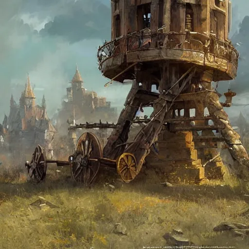 Image similar to a moving siege tower with cart wheels, crossbow on the tower, epic fantasy style art by Craig Mullins, fantasy epic digital art, epic fantasy card game art by Greg Rutkowski