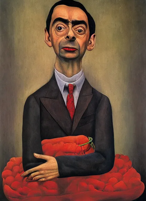 Prompt: Portrait of Mr. Bean by Frida Kahlo, oil on canvas