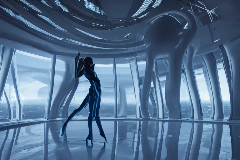 Image similar to vfx movie scene closeup portrait of beautiful blue skin skimpy alien woman dancing in sleek futuristic decadent spaceship pillars, futuristic ballroom. giant windows view of earth obit. by emmanuel lubezki