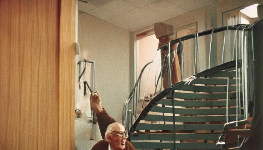 Image similar to 7 0 s movie still of a old man with a spiral stairs in the chest in the hospital, cinestill 8 0 0 t 3 5 mm eastmancolor, heavy grain, high quality, high detail