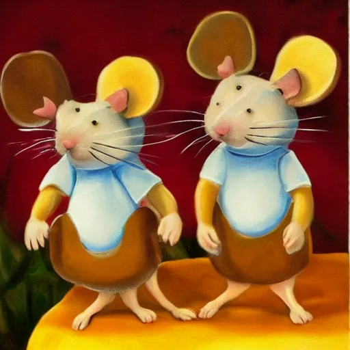 Prompt: two cheerful mice on a planet made of cheese, highly detailed painting