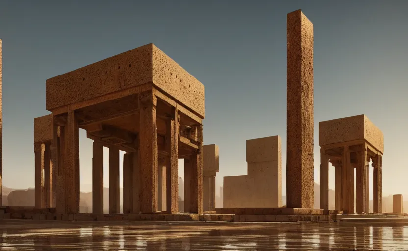 Image similar to exterior shot of utopian ancient persian architecture with cinematic lighting by peter zumthor and renzo piano, darek zabrocki and greg ruthkowski, simon stalenhag, cinematic, holy place, paradise, scifi, futurism, atmospheric, concept art, artstation, trending on artstation