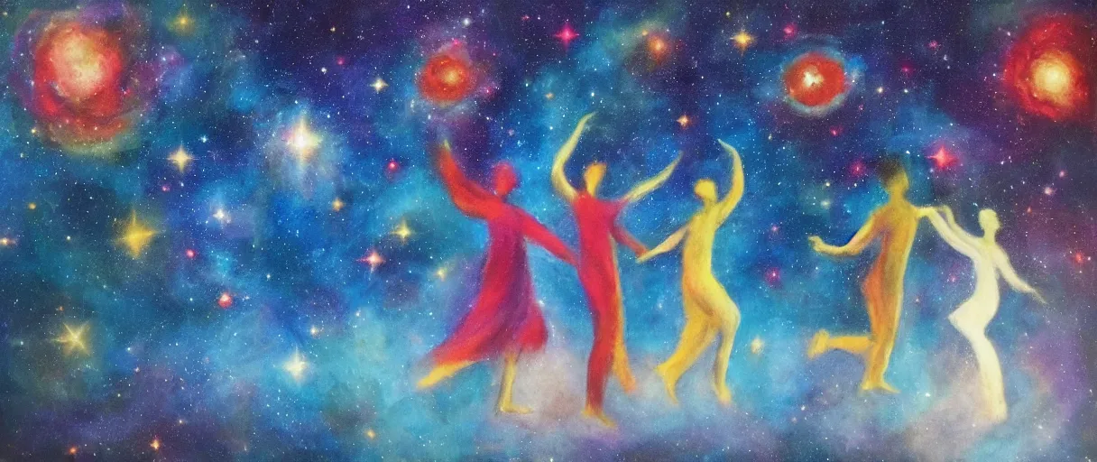 Prompt: Three souls dancing in the universe